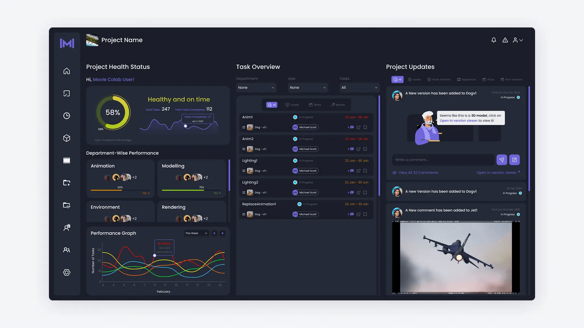 Movie Colab production dashboard with configurable widgets for tasks, assets, and schedules