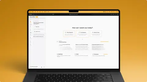 SavvyWise interface shown on a laptop: an assistant home screen offering separate research and general task modes