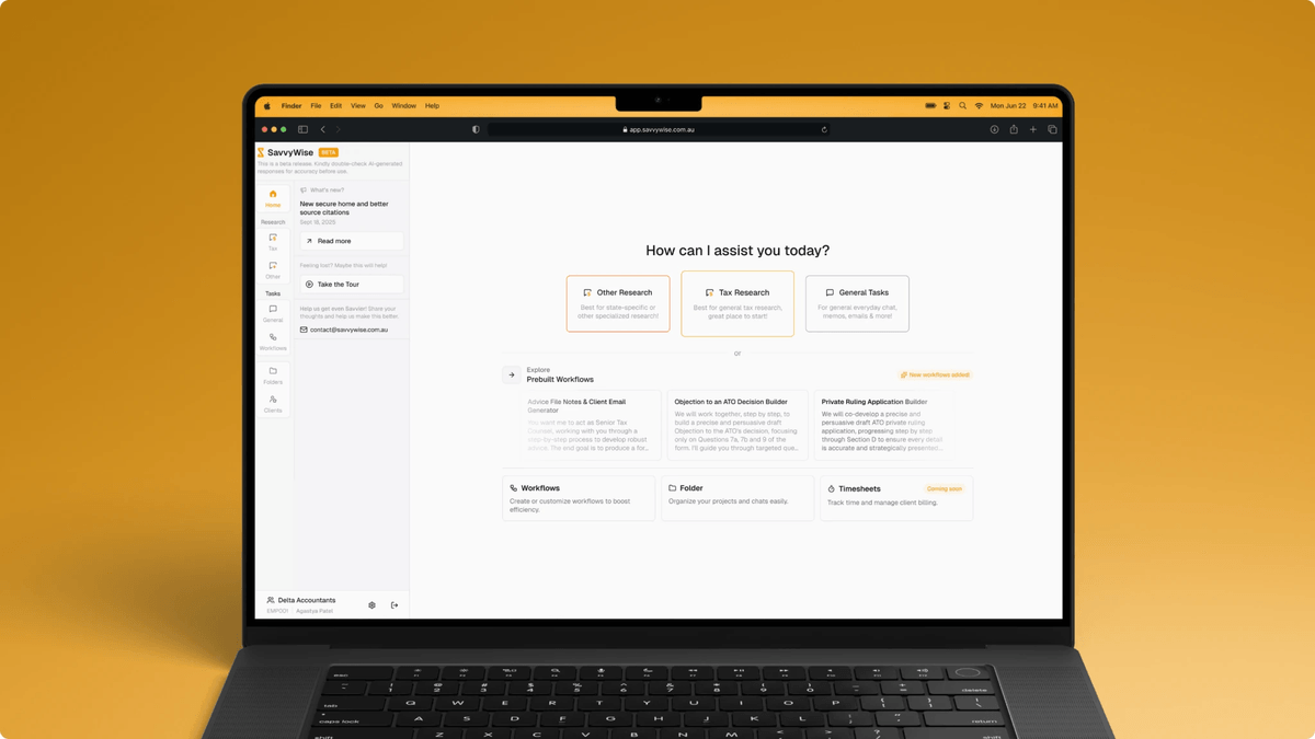 SavvyWise interface shown on a laptop: an assistant home screen offering separate research and general task modes