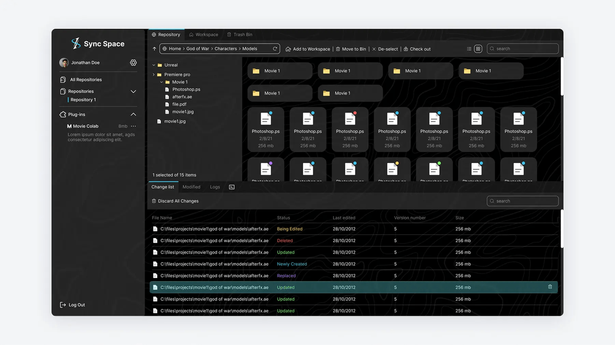 Sync Space desktop window using a Finder-like layout for locking files and tagging preferred versions