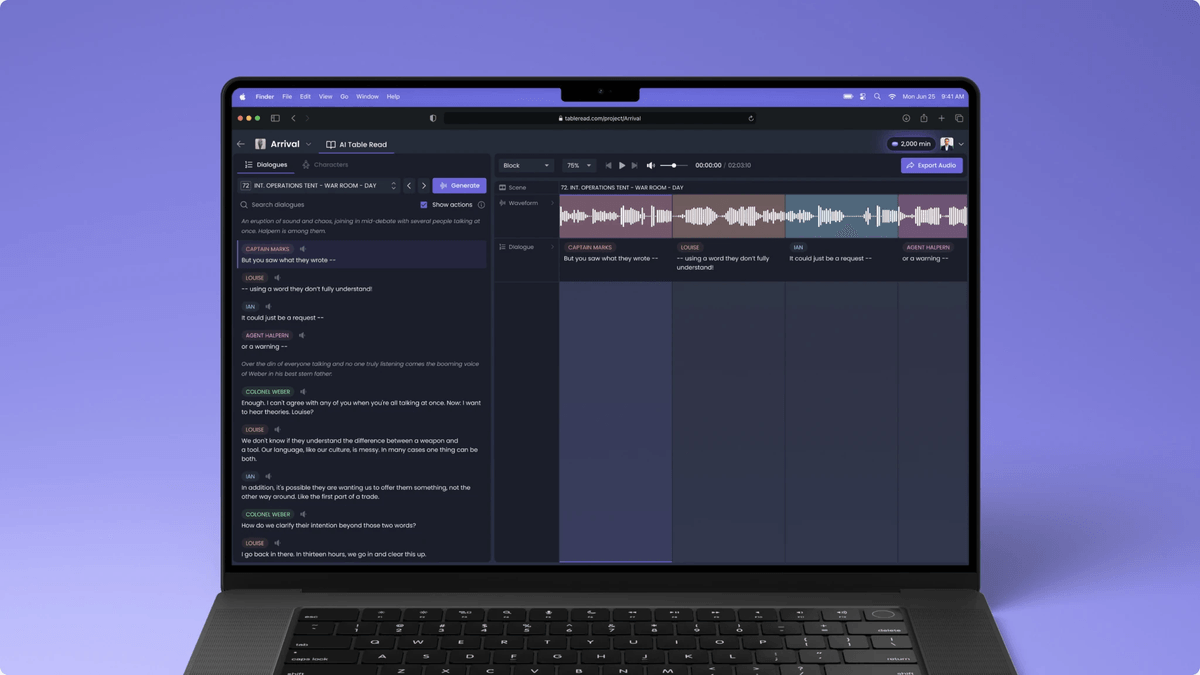 Table Read editor with a dialogue timeline, voice assignment panel, and playback controls