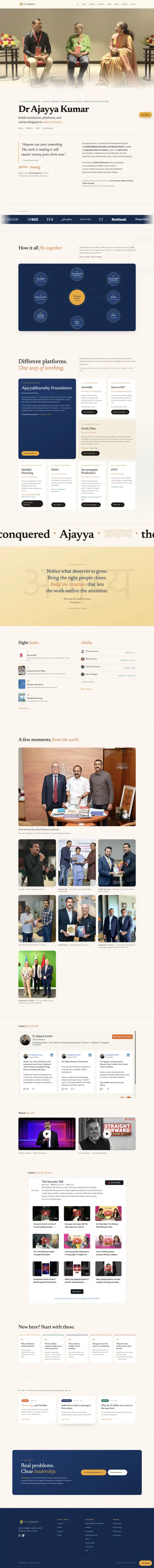 Full homepage of Being Ajayya, a leadership platform linking Dr Ajayya Kumar's profile, books, media, podcast, and institutional work