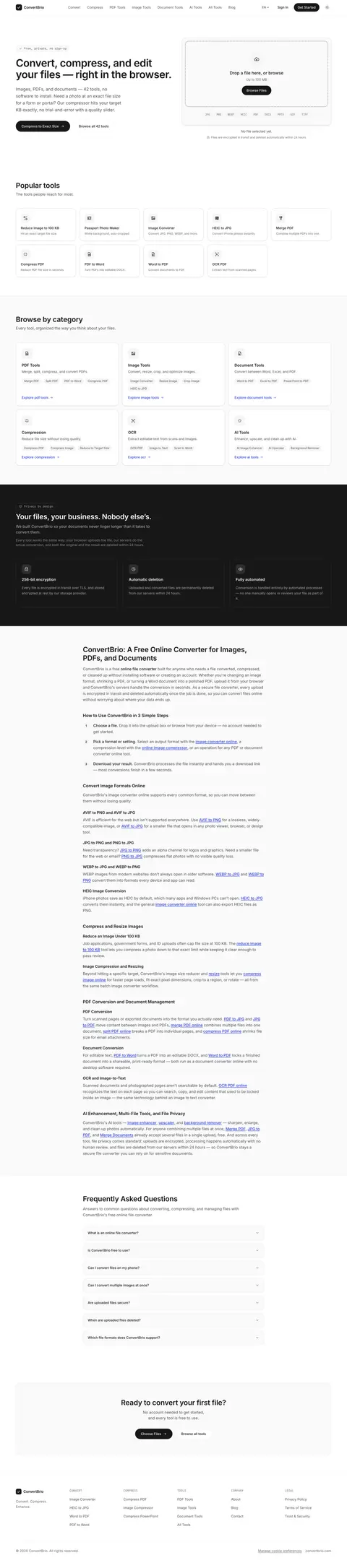 Full homepage of ConvertBrio, a browser-based file-conversion platform with task-first tool discovery and category navigation