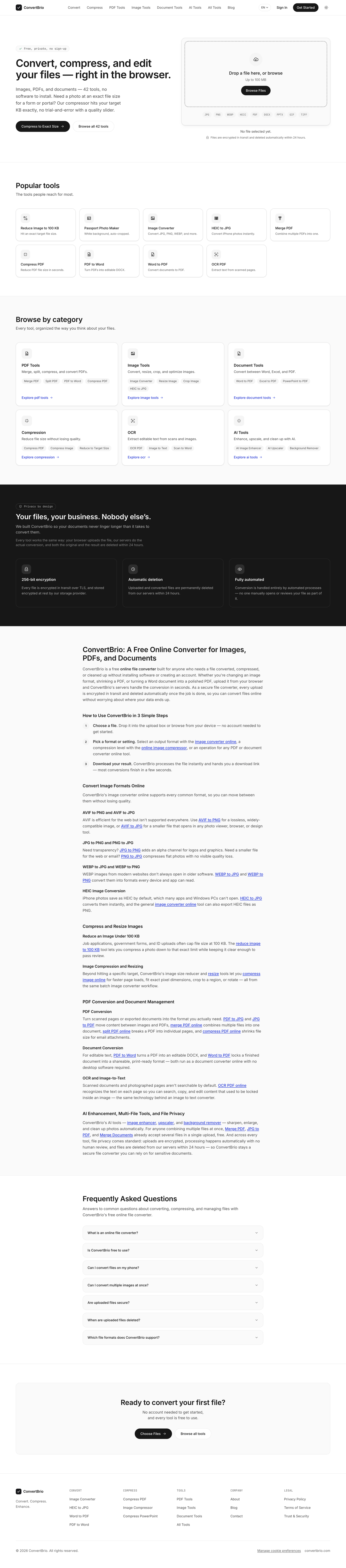 Full homepage of ConvertBrio, a browser-based file-conversion platform with task-first tool discovery and category navigation