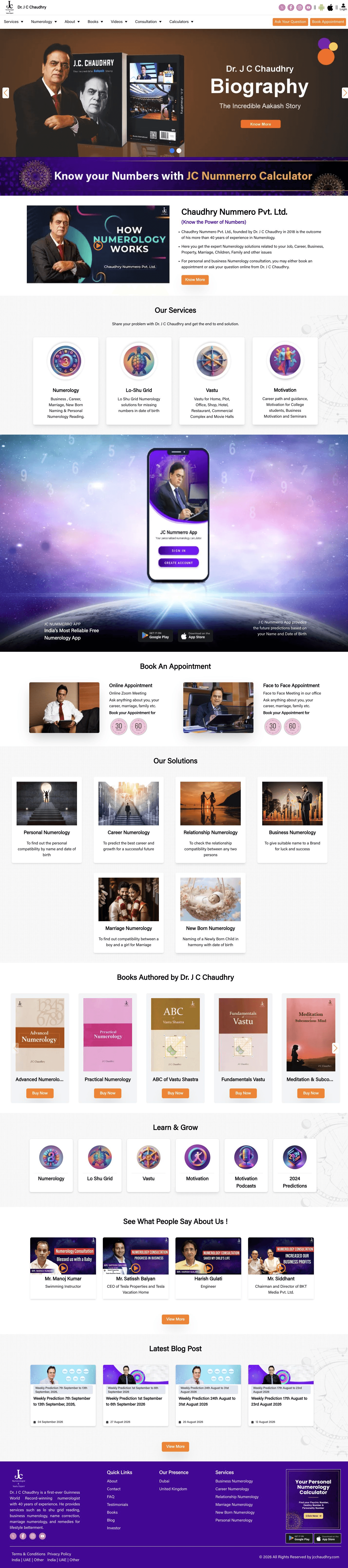 Full homepage of the J.C. Chaudhry platform, a content-rich services portal with consultation booking, calculators, books, and commerce