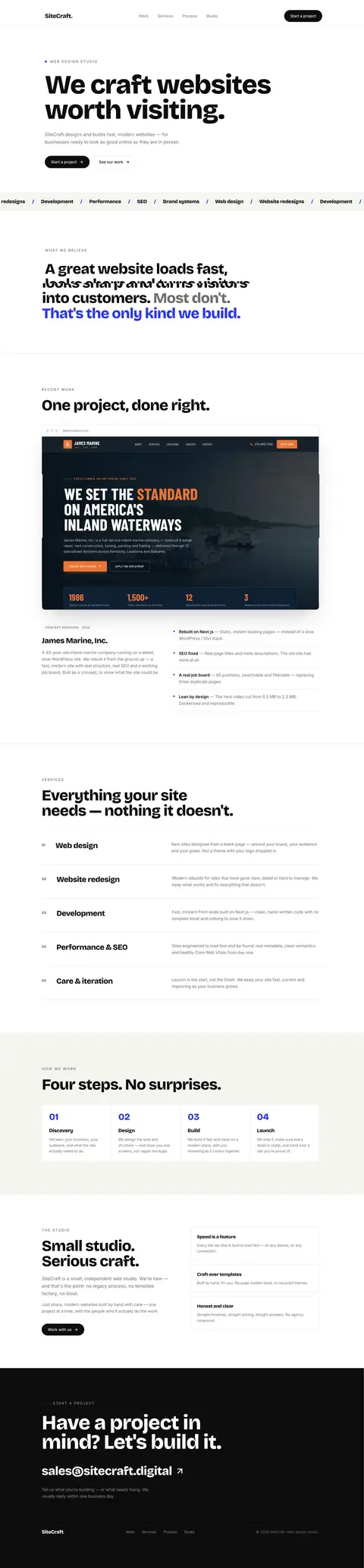 Full homepage of SiteCraft, a conversion-focused web design studio site covering beliefs, selected work, services, and process