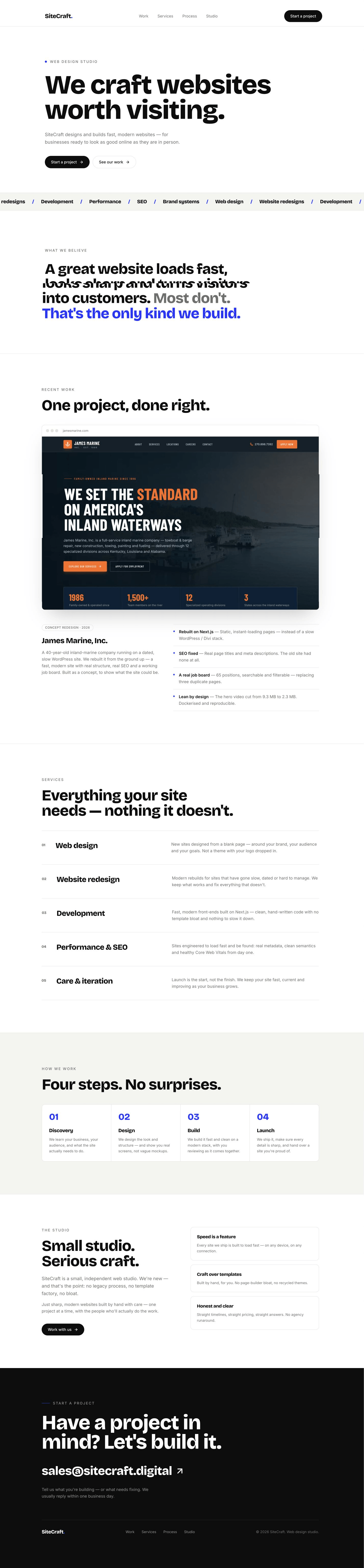 Full homepage of SiteCraft, a conversion-focused web design studio site covering beliefs, selected work, services, and process