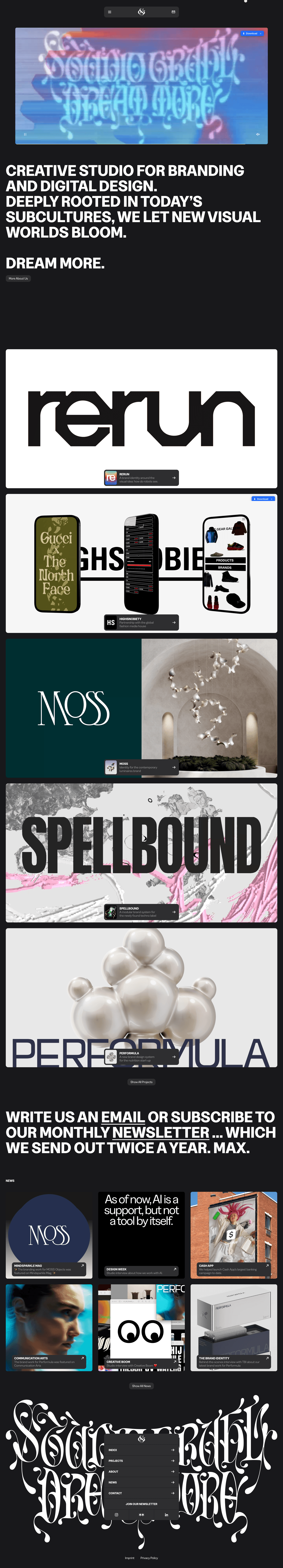 Full homepage of Studio Gruhl, a brand and digital studio site with bold typography and project-led storytelling