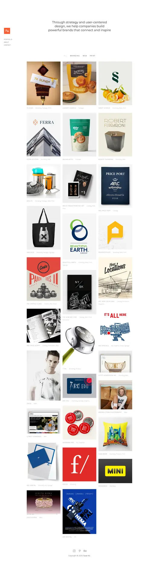 Full homepage of Suva, a branding and design portfolio with a filterable project catalogue across branding, web, and print